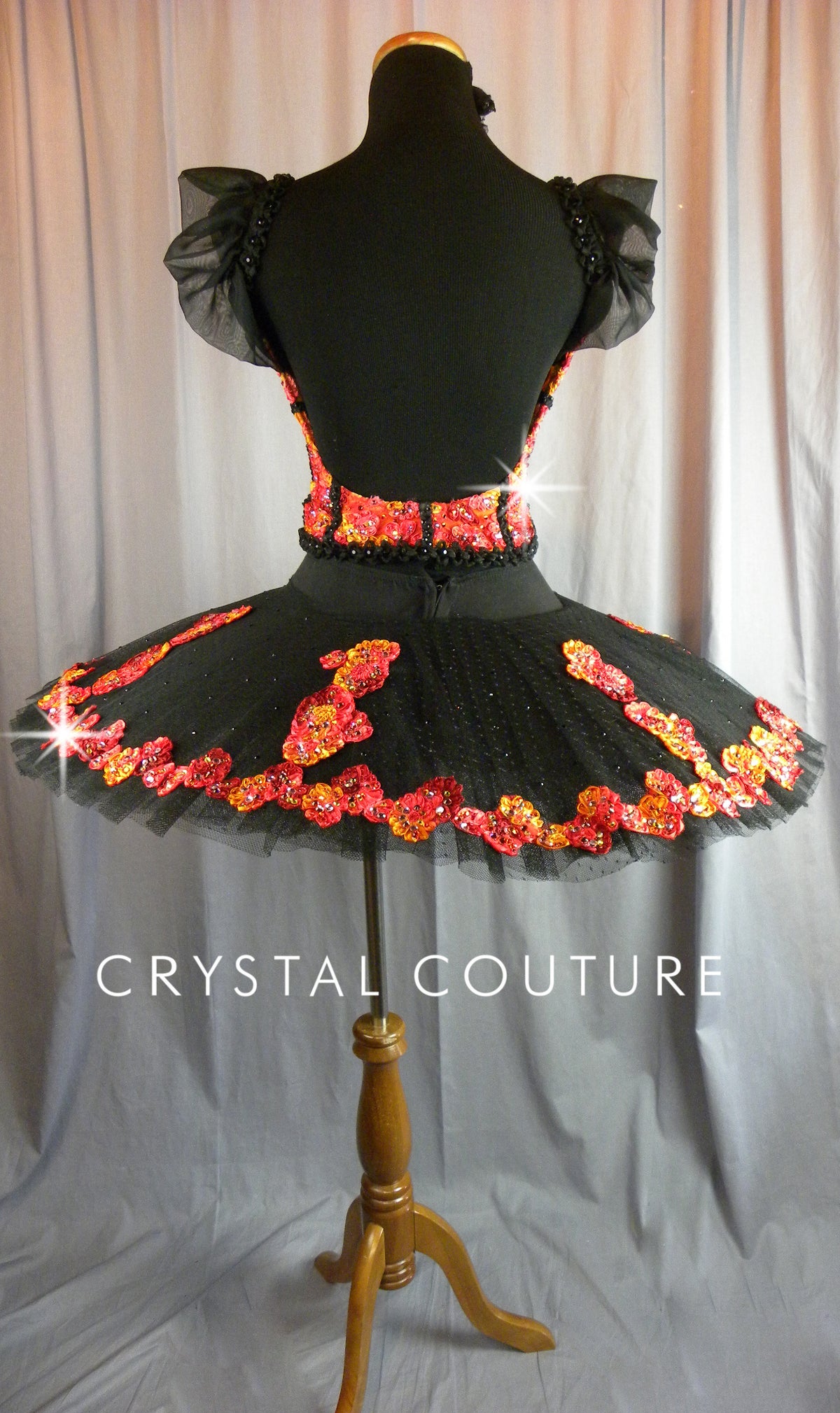 *Custom* Black Tutu with Orange and Red Floral Corset Top - Rhinestones Accessories