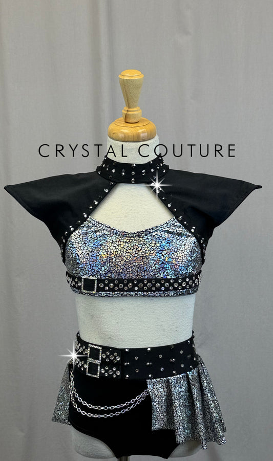 *Custom* Black and Silver Holographic Two-Piece Set with Chain Accents - Rhinestones