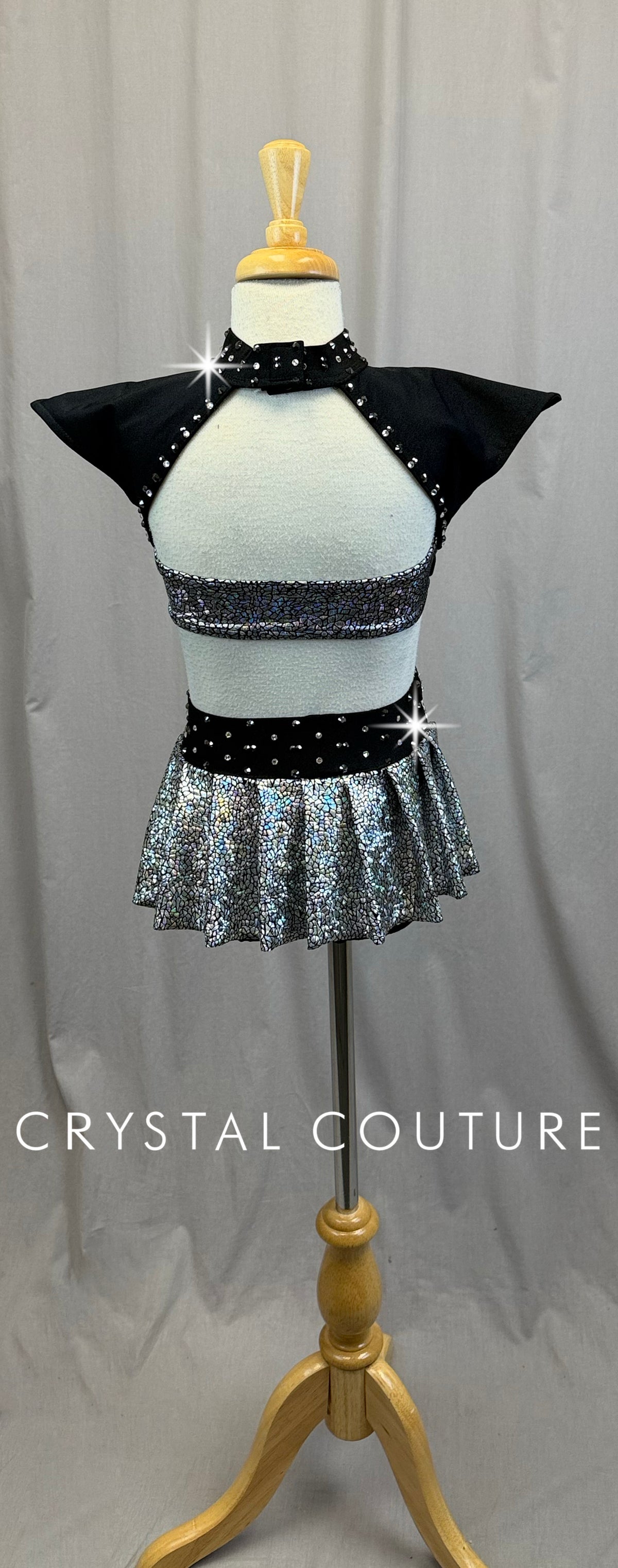 *Custom* Black and Silver Holographic Two-Piece Set with Chain Accents - Rhinestones