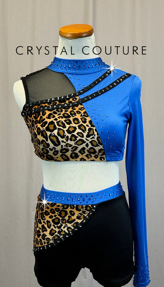 *Custom* Blue Cheetah Print Asymmetrical Two-Piece Set -Rhinestones