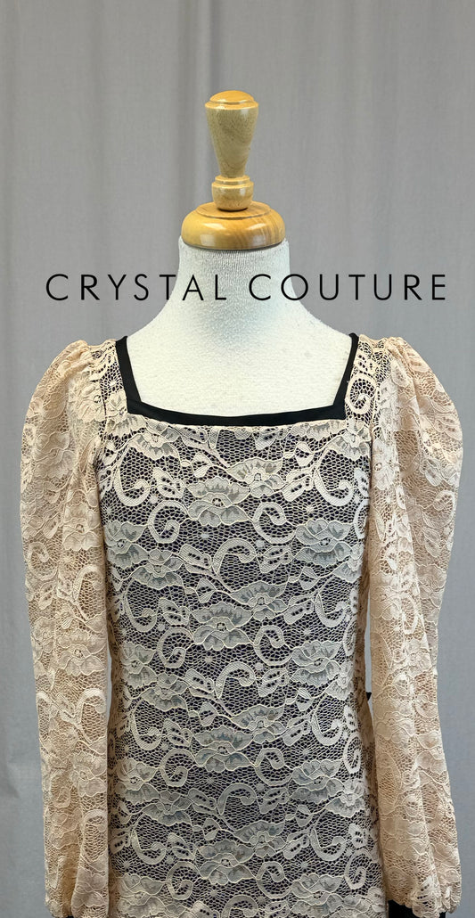 Tan and Black Lace Puff Sleeve Dress