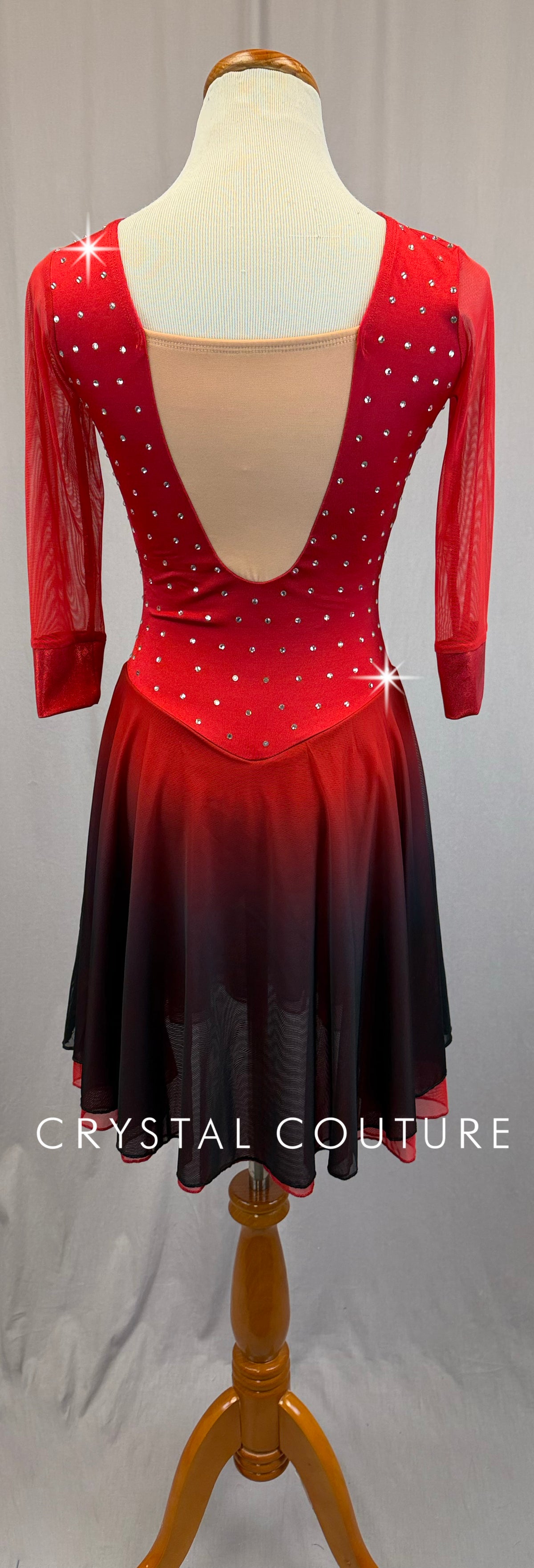 Red to Black Ombre Lycra and Mesh Skating Dress-Rhinestones