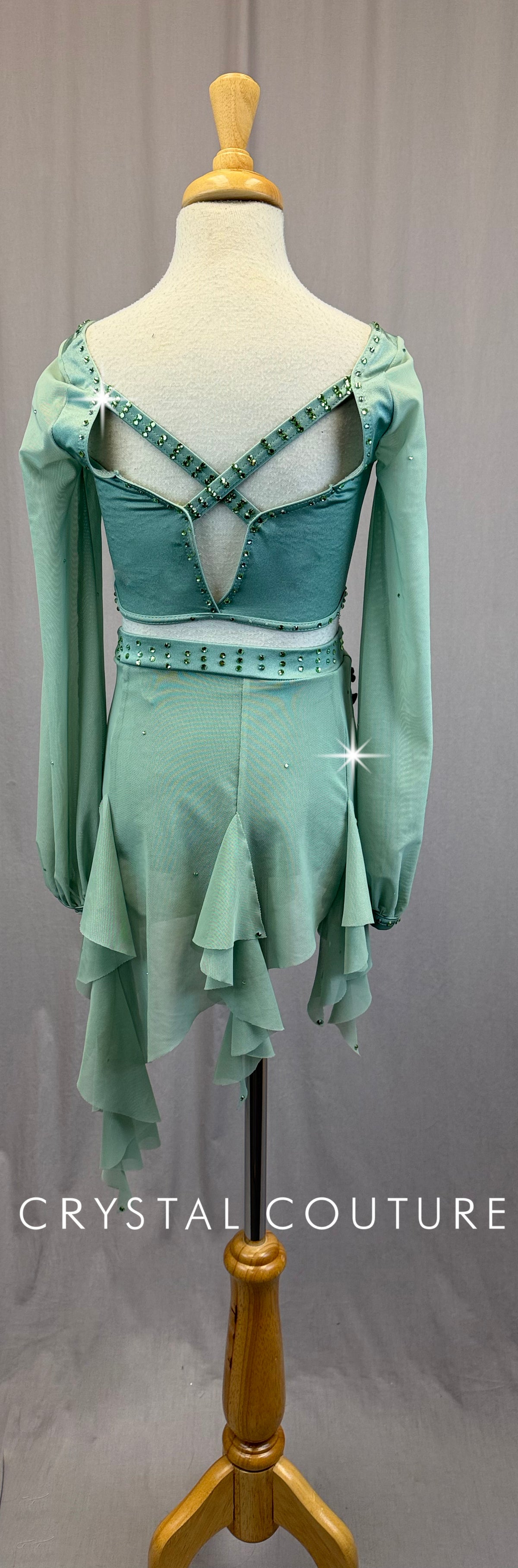 Sage Green Mesh Long Sleeve Top and Mesh Skirt Two-Piece Set - Appliques - Rhinestones