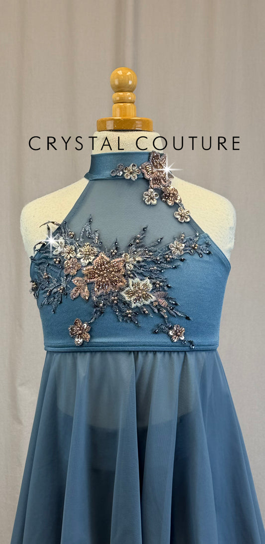 *Custom* Slate Blue Lycra and Mesh Tunic and Shorts Set with Appliques - Rhinestones