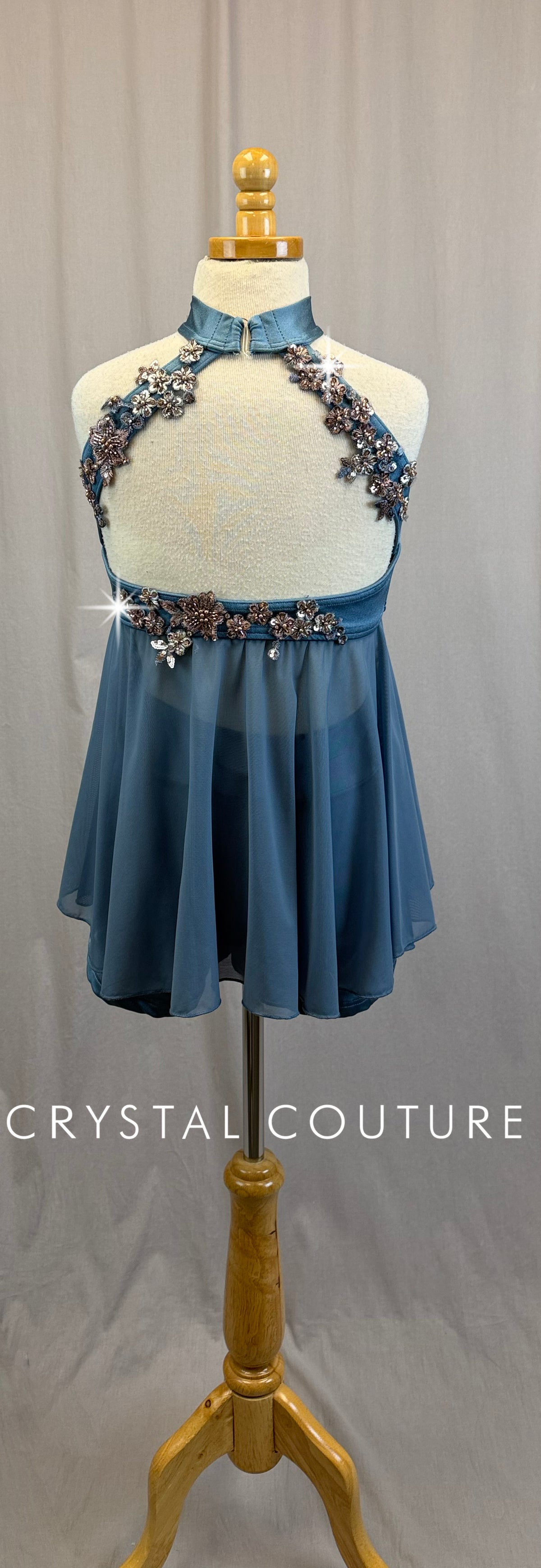 *Custom* Slate Blue Lycra and Mesh Tunic and Shorts Set with Appliques - Rhinestones