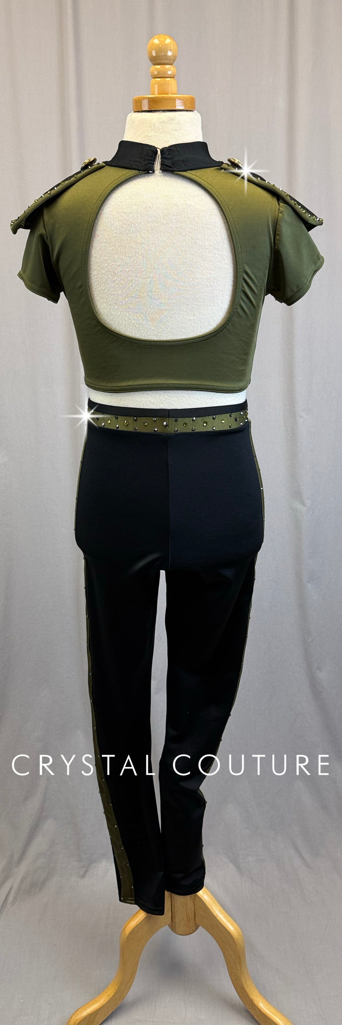 *Custom* Olive Green and Black Legging and Crop Top Army Set -Rhinestones