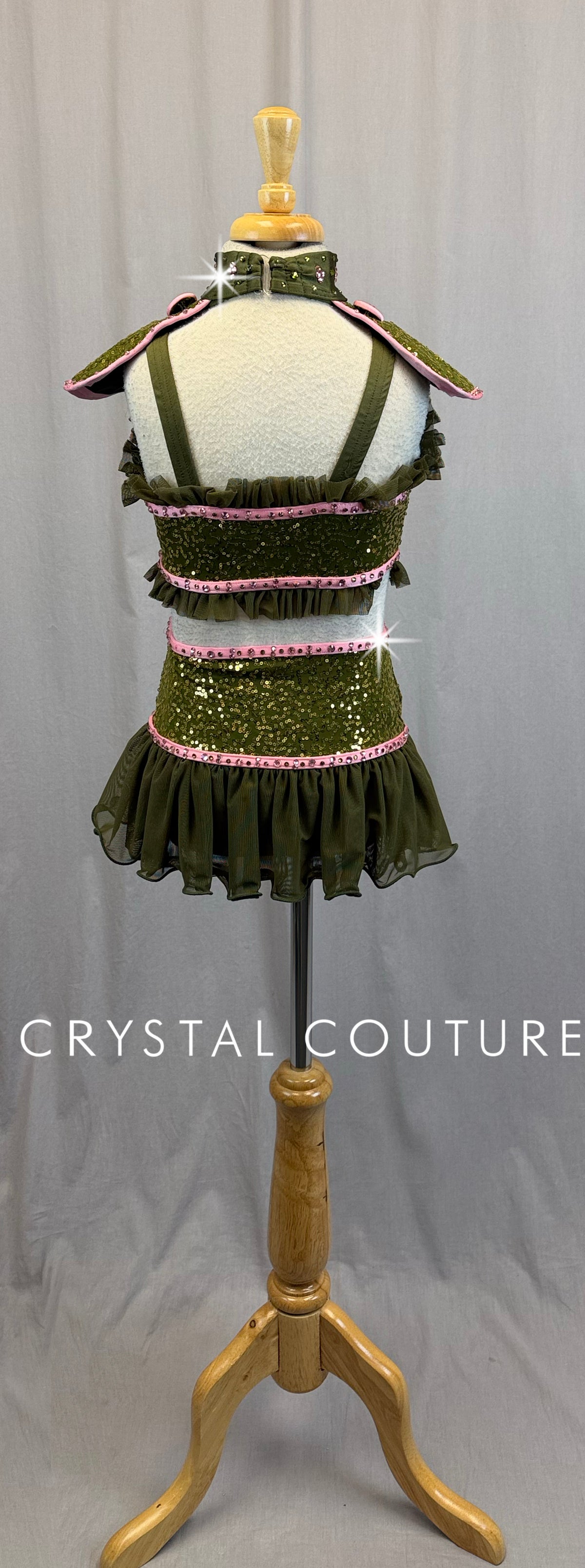 *Custom* Olive Green Top and skirt/Brief with Pink Trim Two-Piece Set - Rhinestones