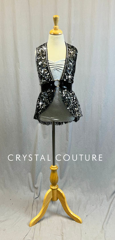 Black Sheer Mesh Sequin Over-Dress with Silver Leotard - Swarovski Rhinestones