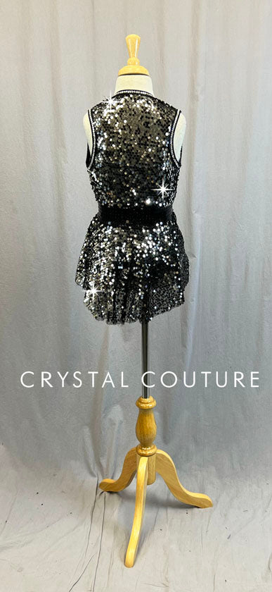 Black Sheer Mesh Sequin Over-Dress with Silver Leotard - Swarovski Rhinestones
