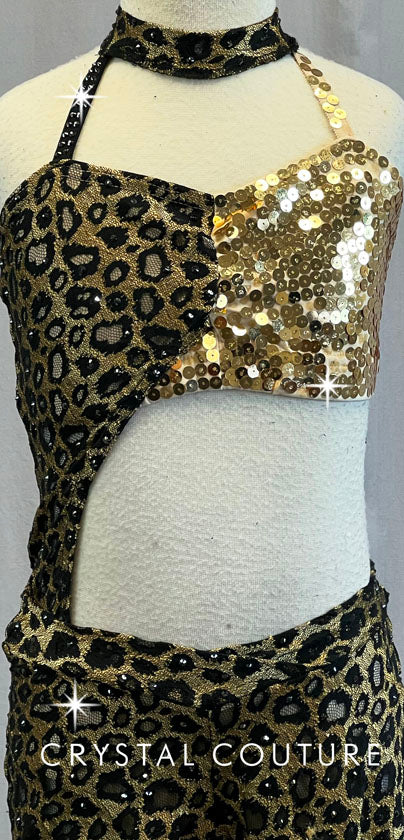 Black & Gold Animal Print Bra-Top and Bootie Short/Legging - Swarovski Rhinestones