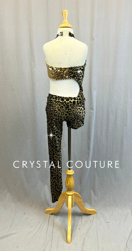 Black & Gold Animal Print Bra-Top and Bootie Short/Legging - Swarovski Rhinestones