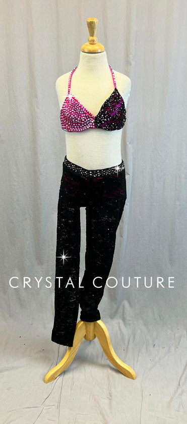 Black Floral Lace and Hot Pink Bra-Top and Leggings - Swarovski Rhinestones