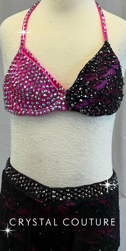 Black Floral Lace and Hot Pink Bra-Top and Leggings - Swarovski Rhinestones