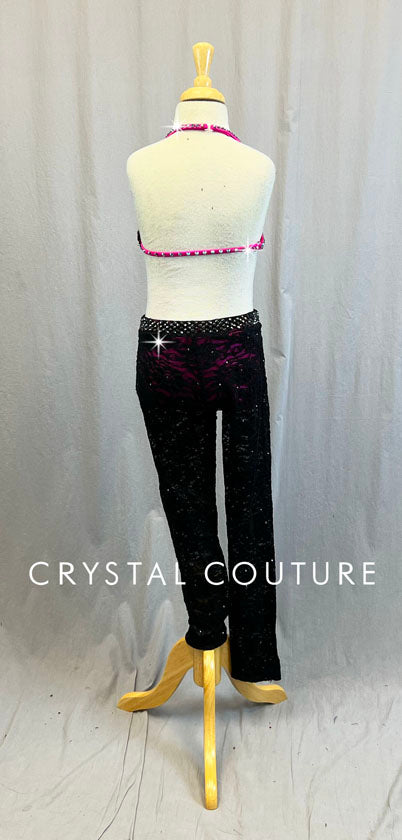 Black Floral Lace and Hot Pink Bra-Top and Leggings - Swarovski Rhinestones
