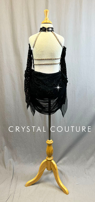 Black Floral Lace Top and Trunk/Sheer Mesh Skirt - Swarovski Rhinestones