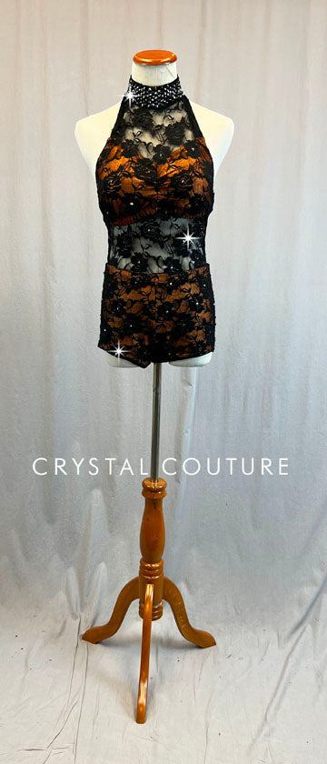 Custom Black Floral Lace Biketard with Shimmery Coppery Bra-Top & Bootie Shorts - Swarovski Rhinestones