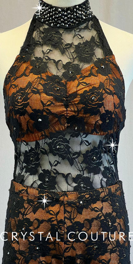 Custom Black Floral Lace Biketard with Shimmery Coppery Bra-Top & Bootie Shorts - Swarovski Rhinestones