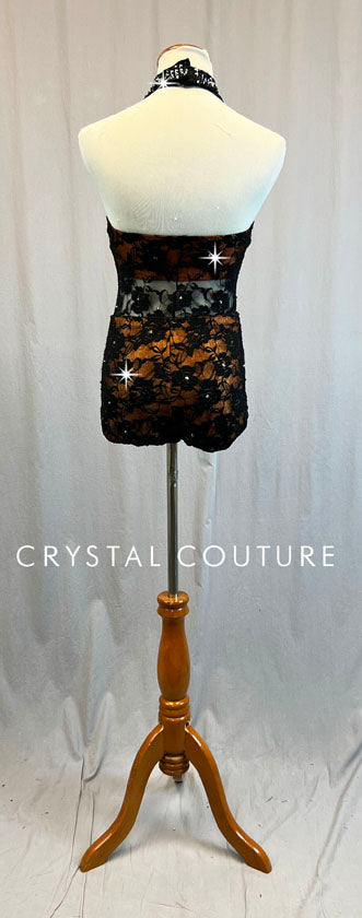 Custom Black Floral Lace Biketard with Shimmery Coppery Bra-Top & Bootie Shorts - Swarovski Rhinestones