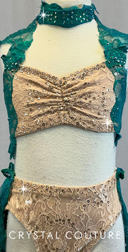 Custom Nude and Green Floral Lace Two Piece with Draped Half Skirt - Swarovski Rhinestones