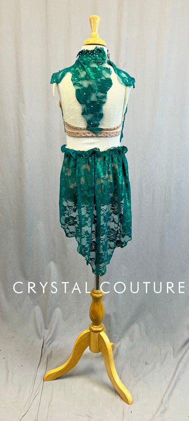 Custom Nude and Green Floral Lace Two Piece with Draped Half Skirt - Swarovski Rhinestones