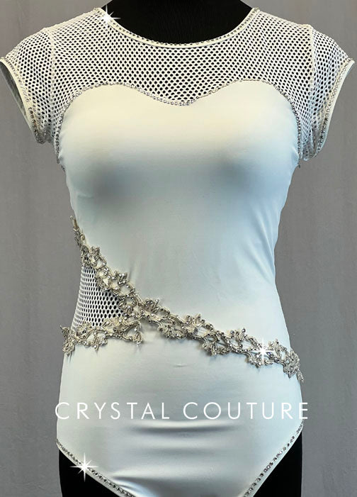 White Mesh and Lycra Leotard with Applique - Swarovski Rhinestones