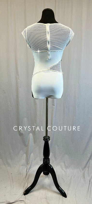 White Mesh and Lycra Leotard with Applique - Swarovski Rhinestones