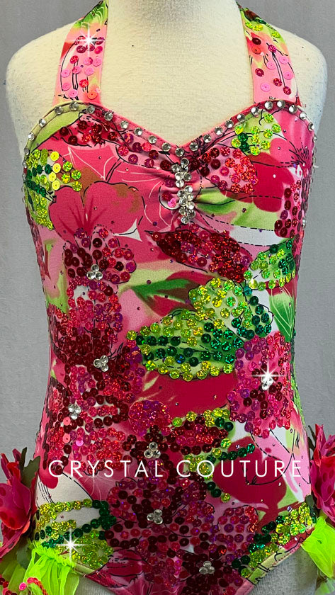 Bathing Beauty Pink and Green Swimsuit Inspired Leotard - Swarovski Rhinestones