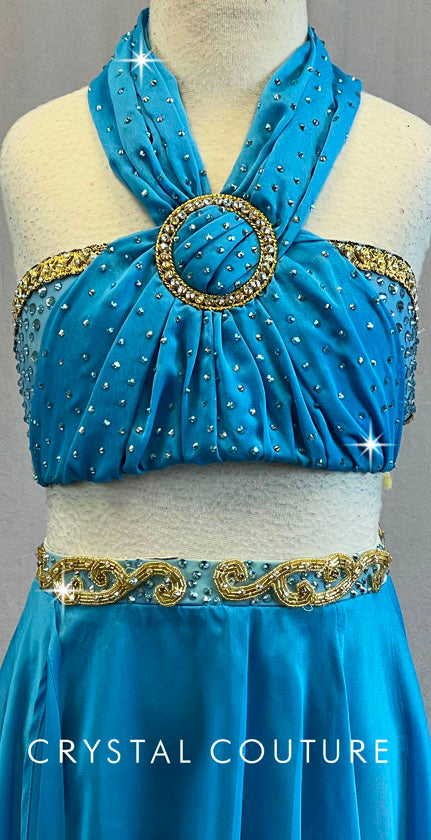 Custom Stunning Aqua Blue Two Piece with Gold Trim - Swarovski Rhinestones