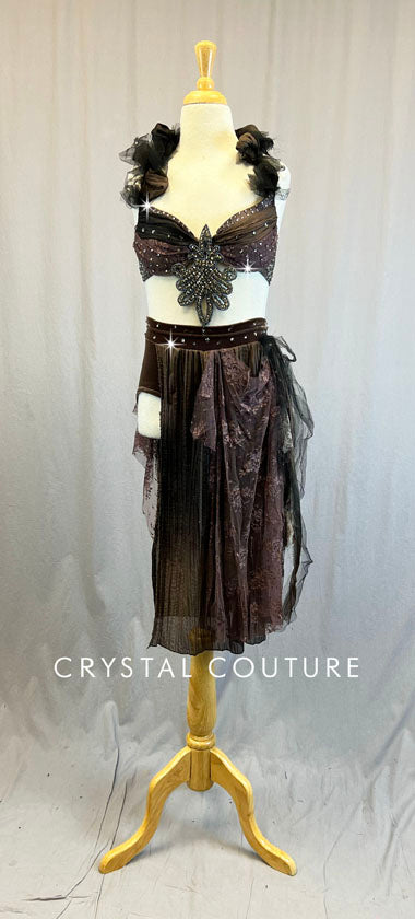 Brown and Black 2-Piece Bra-Top and Booty Shorts With Attached Skirt - Swarovski Rhinestones