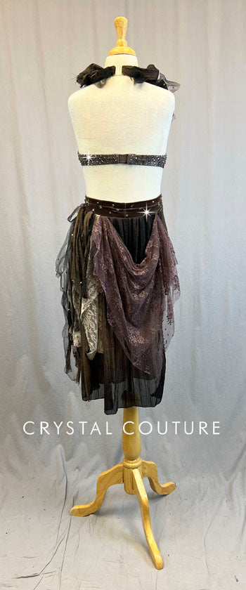 Brown and Black 2-Piece Bra-Top and Booty Shorts With Attached Skirt - Swarovski Rhinestones