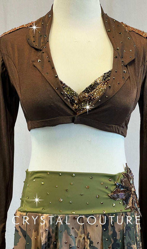 Custom Camouflage, Brown & Green Bra-Top, Cropped Jacket and Skirt - Swarovski Rhinestones