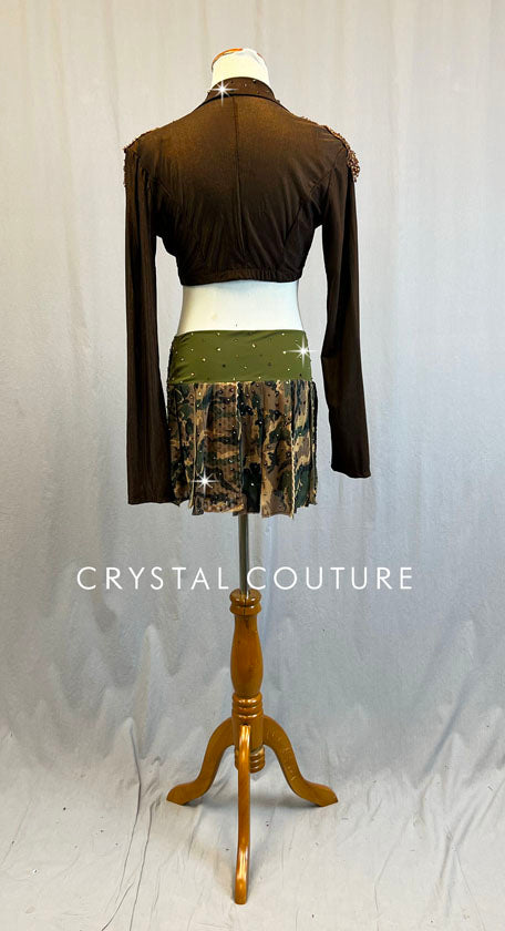 Custom Camouflage, Brown & Green Bra-Top, Cropped Jacket and Skirt - Swarovski Rhinestones