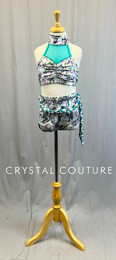 Custom White with Multi-Colored Splatter Pattern and Teal Blue Connected Bra-Top and Booty shorts-Swarovski Rhinestones