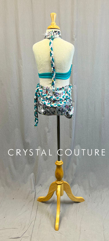 Custom White with Multi-Colored Splatter Pattern and Teal Blue Connected Bra-Top and Booty shorts-Swarovski Rhinestones