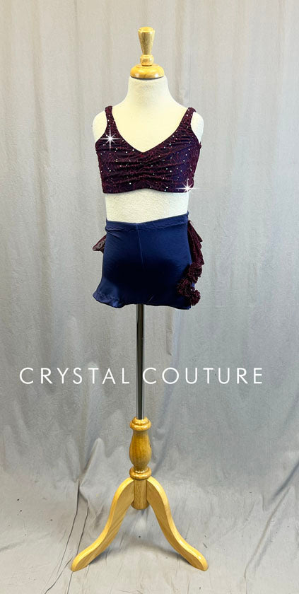 Custom Purple Bra-Top & Booty Shorts with Plum Floral Sheer Mesh - Swarovski Rhinestones