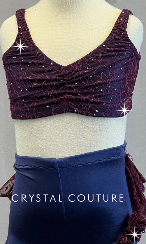 Custom Purple Bra-Top & Booty Shorts with Plum Floral Sheer Mesh - Swarovski Rhinestones