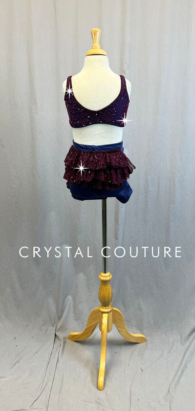 Custom Purple Bra-Top & Booty Shorts with Plum Floral Sheer Mesh - Swarovski Rhinestones