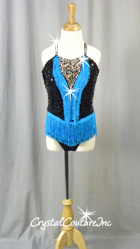 Black Lace and Lycra Leotard with Blue Fringe - Swarovski Rhinestones