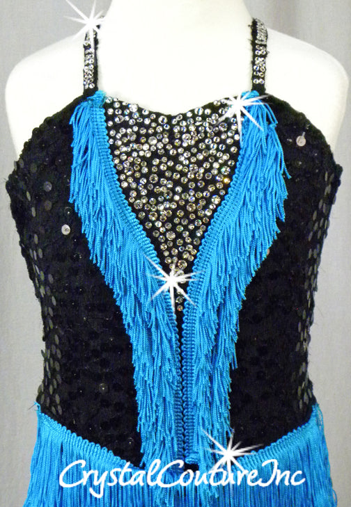 Black Lace and Lycra Leotard with Blue Fringe - Swarovski Rhinestones