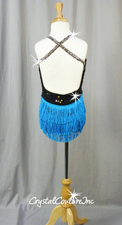 Black Lace and Lycra Leotard with Blue Fringe - Swarovski Rhinestones