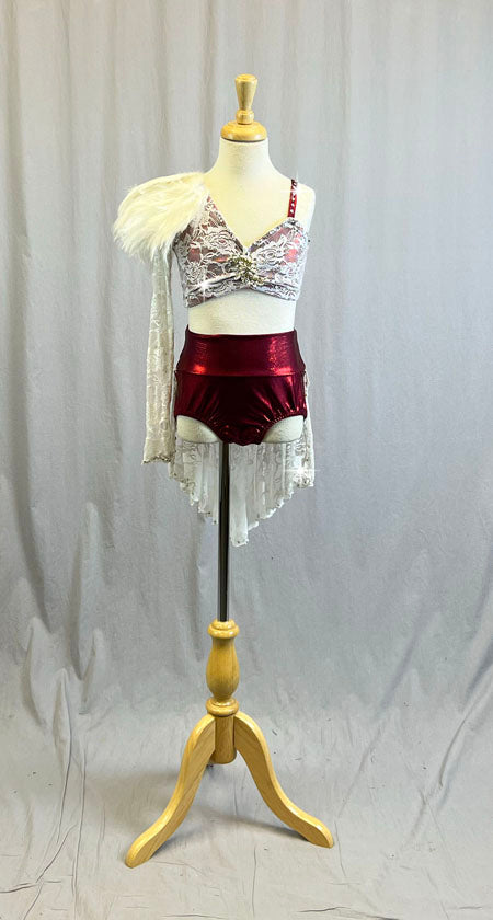 White lace and Red Bra-Top and Briefs - Swarovski Rhinestones