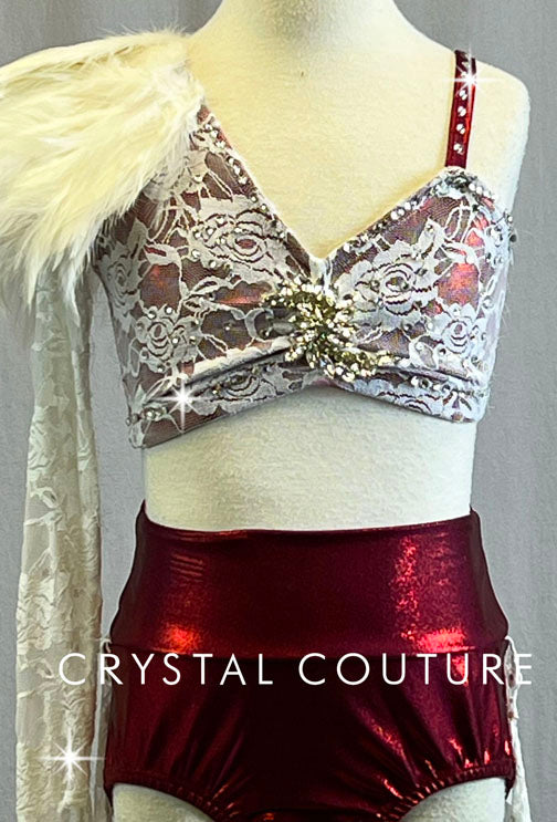 White lace and Red Bra-Top and Briefs - Swarovski Rhinestones