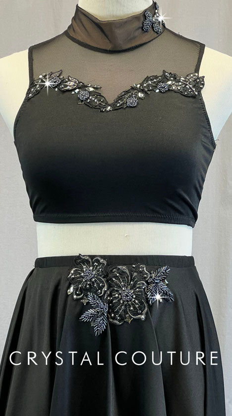 Custom Black Crop Top with Asymmetrical Skirt/Booty Shorts - Swarovski Rhinestones