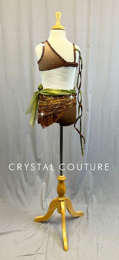Custom Brown Connected Bra-Top and Bootie Shorts with Green Accents- Swarovski Rhinestones