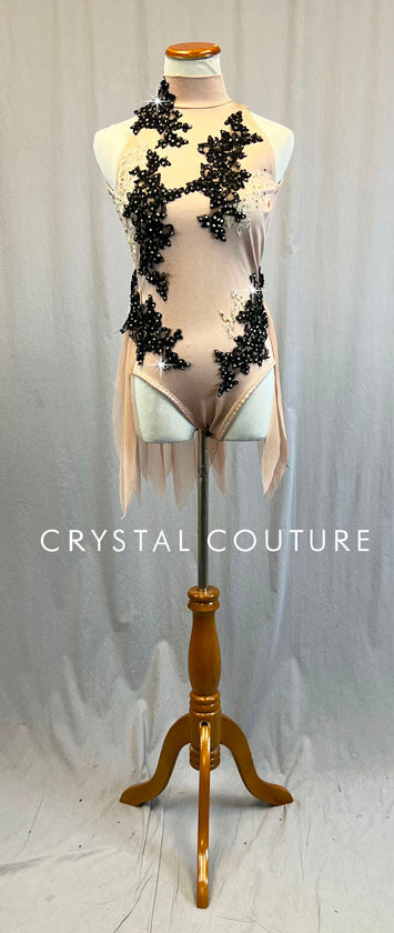 Custom Nude Leotard/Half Skirt with Black Appliques - Swarovski Rhinestones