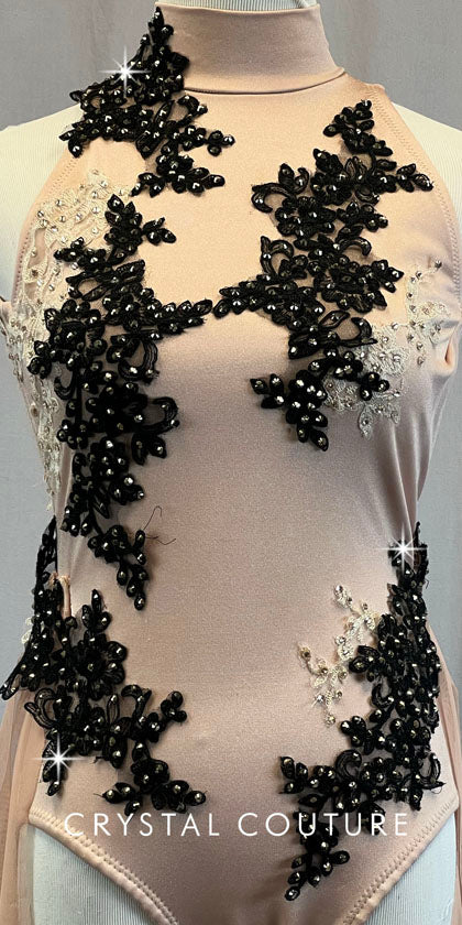 Custom Nude Leotard/Half Skirt with Black Appliques - Swarovski Rhinestones