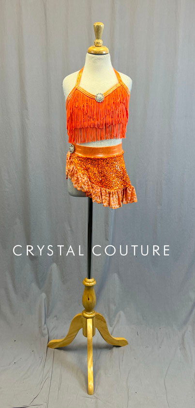 Bright Orange Sequin Top/Skirt with Fringe & Ruffles - Swarovski Rhinestones