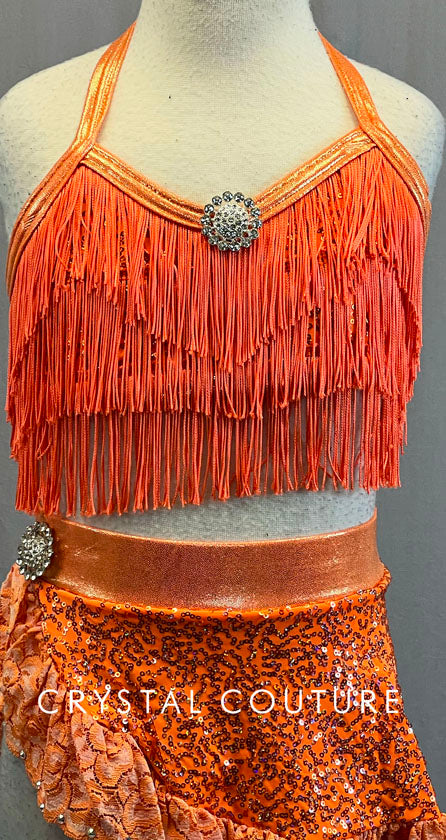 Bright Orange Sequin Top/Skirt with Fringe & Ruffles - Swarovski Rhinestones