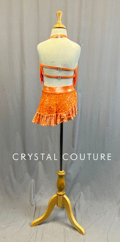 Bright Orange Sequin Top/Skirt with Fringe & Ruffles - Swarovski Rhinestones