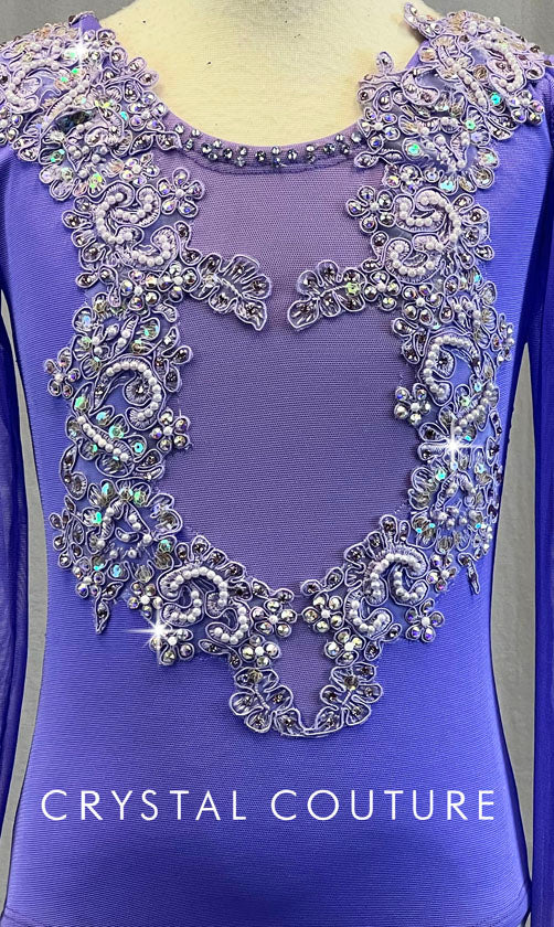 Custom Lavender Purple Long-Sleeved Leotard with Appliques- Swarovski Rhinestones